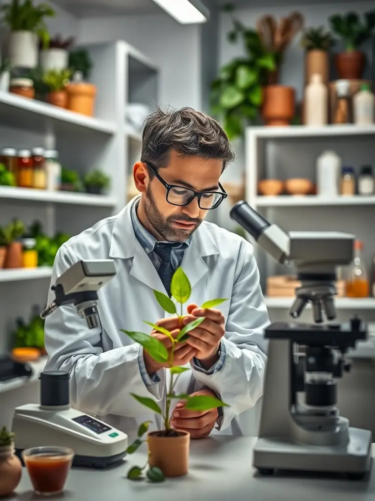 A researcher in a lab coat examining a plant specimen under a microscope, representing the organization's commitment to scientific research in botany.