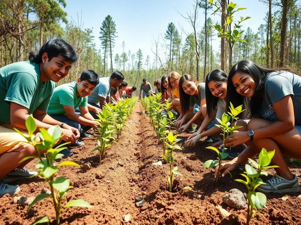 A group of volunteers planting trees in a deforested area, symbolizing SRDSE's commitment to reforestation and environmental restoration.