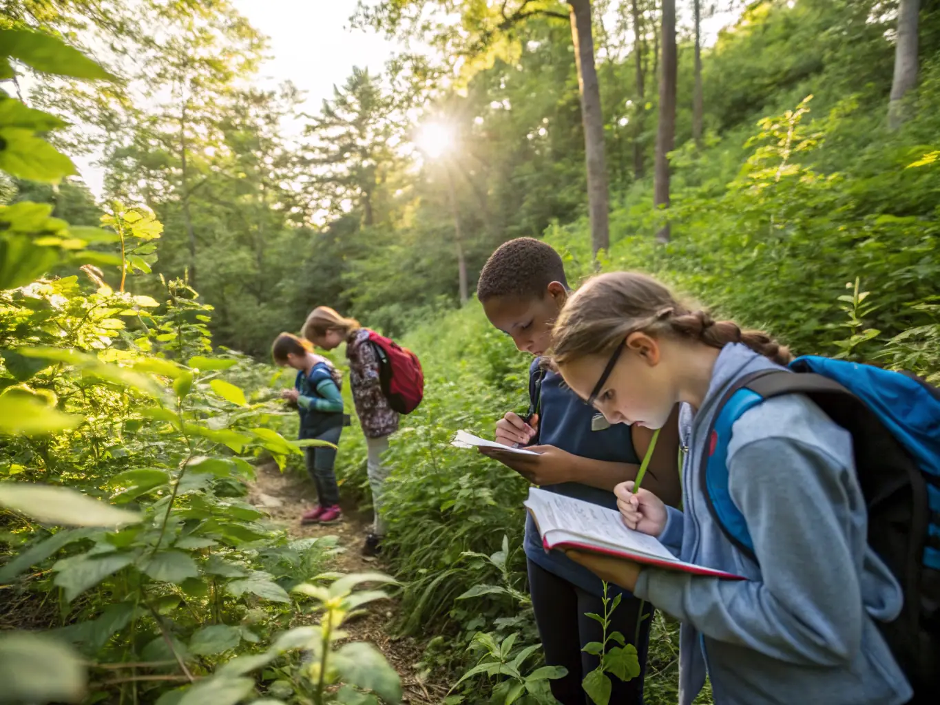 A group of students participating in a field trip to a local botanical garden, learning about plant identification and conservation.