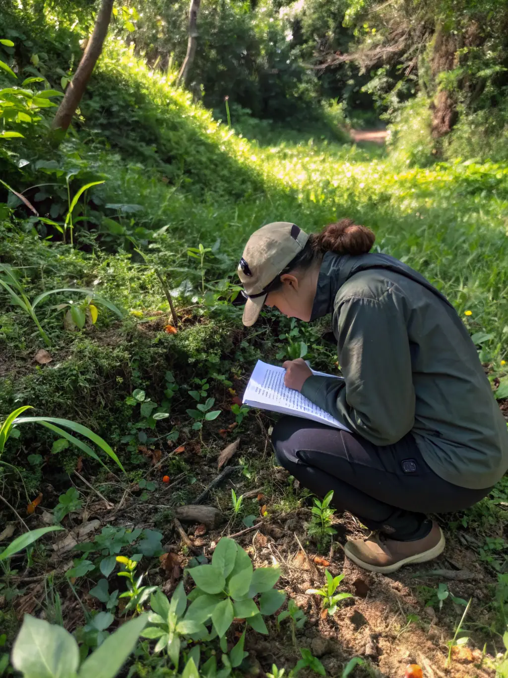 A botanist carefully documenting traditional plant uses with a local elder in a lush, green forest, emphasizing the intergenerational transfer of knowledge.