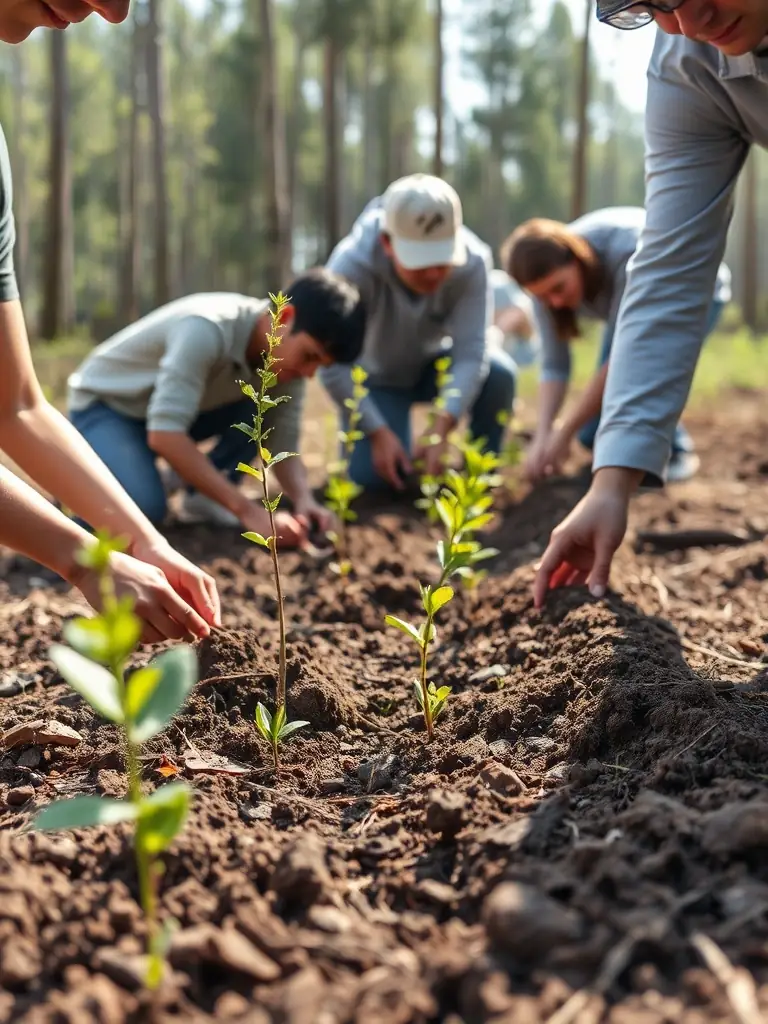 Volunteers planting native trees in a deforested area, symbolizing the organization's dedication to environmental conservation.