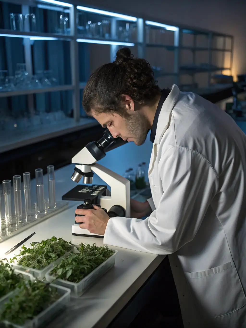 Researchers analyzing plant samples in a modern laboratory, highlighting the scientific rigor applied to ethnobotanical studies.